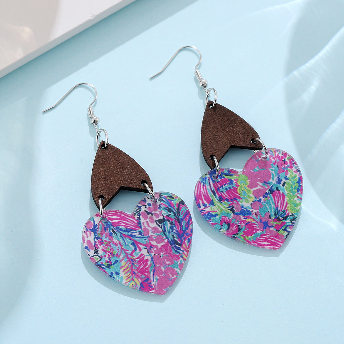 Wholesale Colorful Heart Flower Leaves Bohemian Wood Chip Splicing Acrylic Earrings