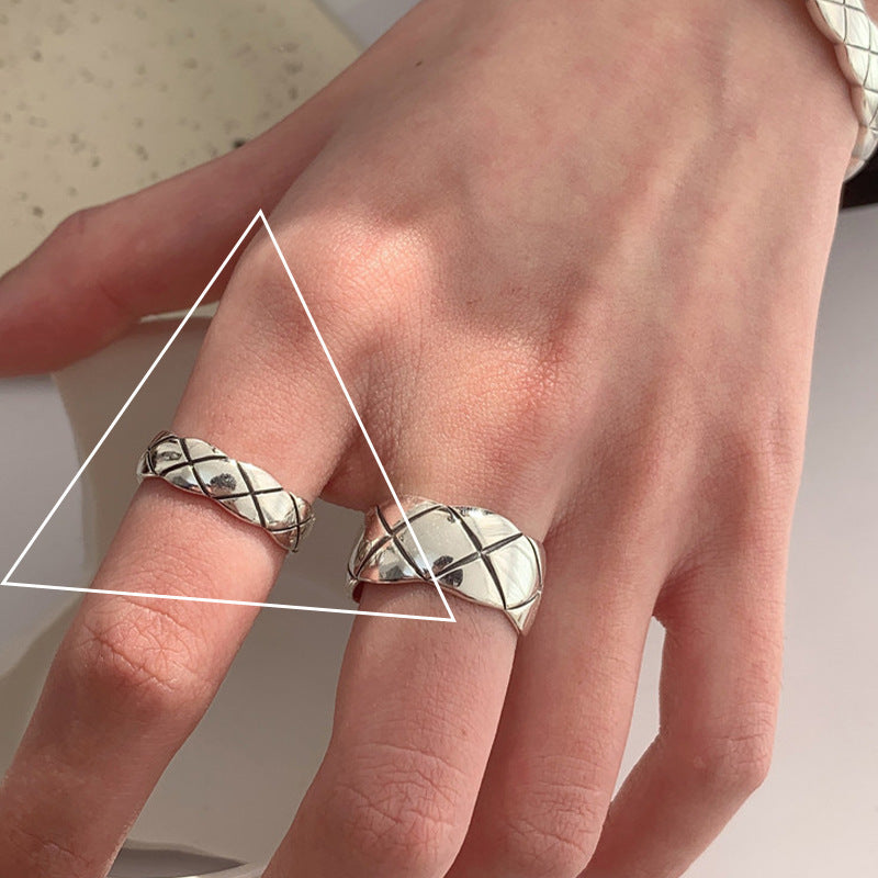 Wholesale S925 sterling silver thick and thin diamond Plaid open ring