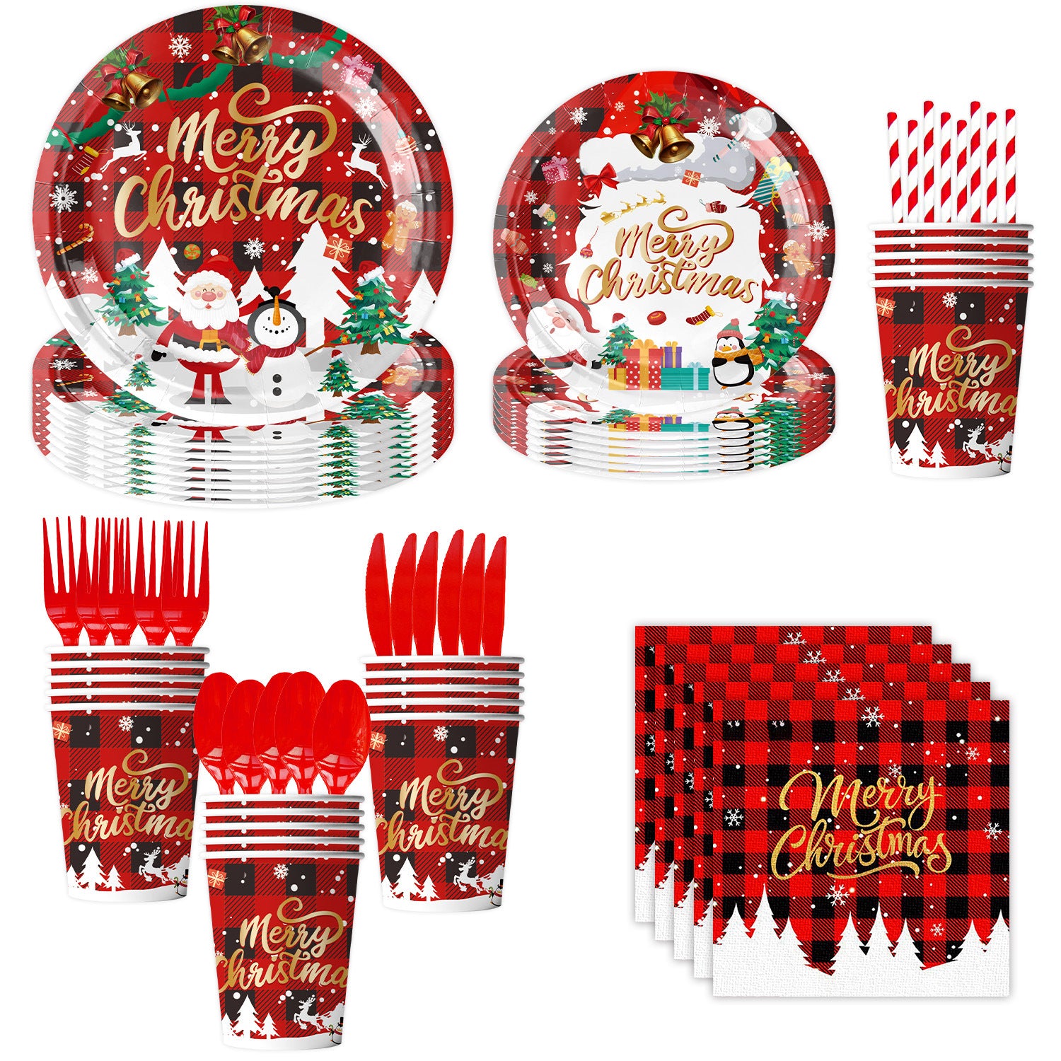 Wholesale Red and black plaid Christmas theme party tableware decoration supplies paper plate pull flag banner