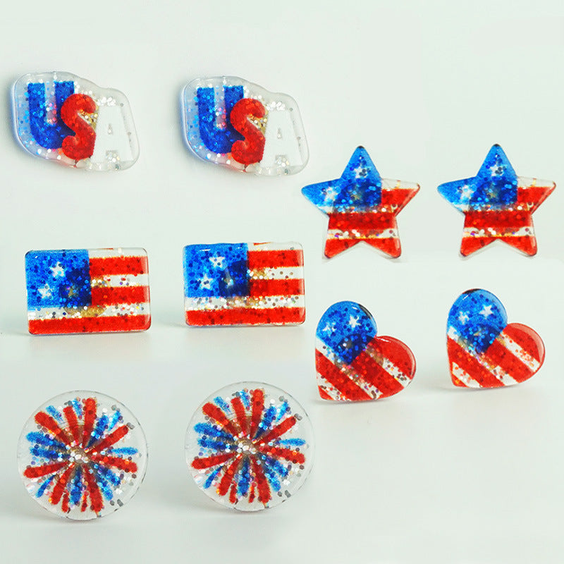 Wholesale  Independence Day National Flag Love Stars Letter Shining Oil Simple Ear Studs Earrings