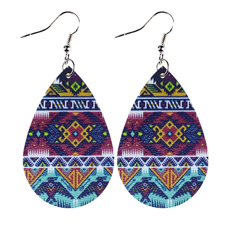 Wholesale Western Style Ethnic Totem Pattern Striped Leather Drop Shape  Earrings