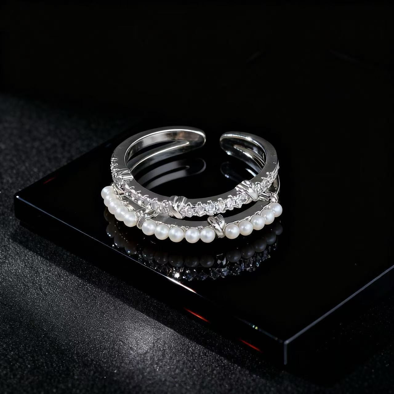 Wholesale Trendy Flower Open Ring For Women Zircon Pearl Rhinestone Design Jewelry Accessory Gift Everyday Wear Resale