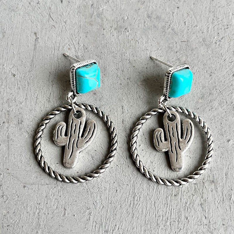 Wholesale Western Bohemian Ethnic Style  Cactus Alloy Pine Stone Earrings