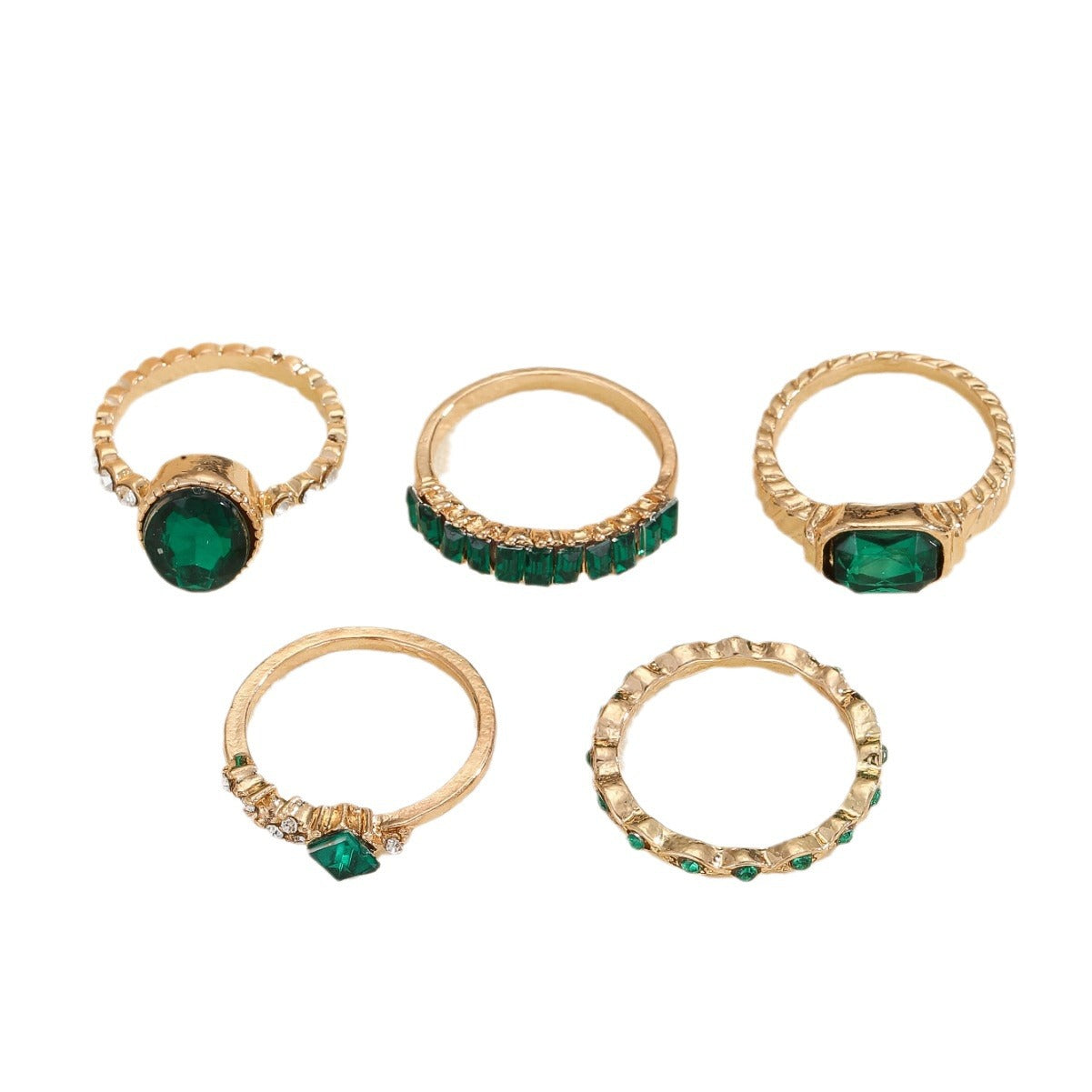 Wholesale Retro Green Rhinestone Ring Set 5 Pieces Women S Chic Fashion Jewelry Accessory Boutique Gift Resale