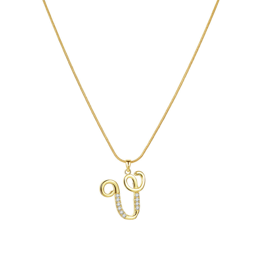 Wholesale 26 Letter Creative Simple Copper Zircon Snake Chain Gold Necklace