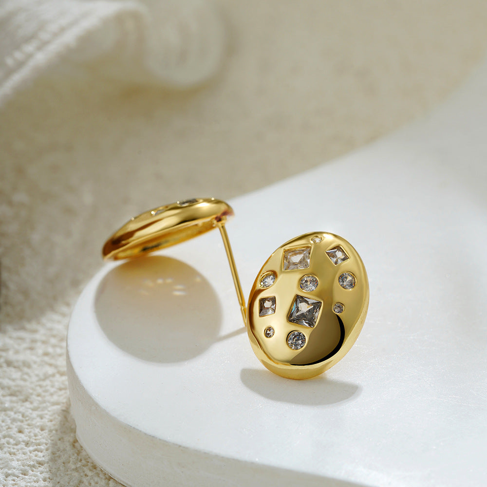 Wholesale  18K Gold Oval Bread Inlaid Square Zircon Earrings