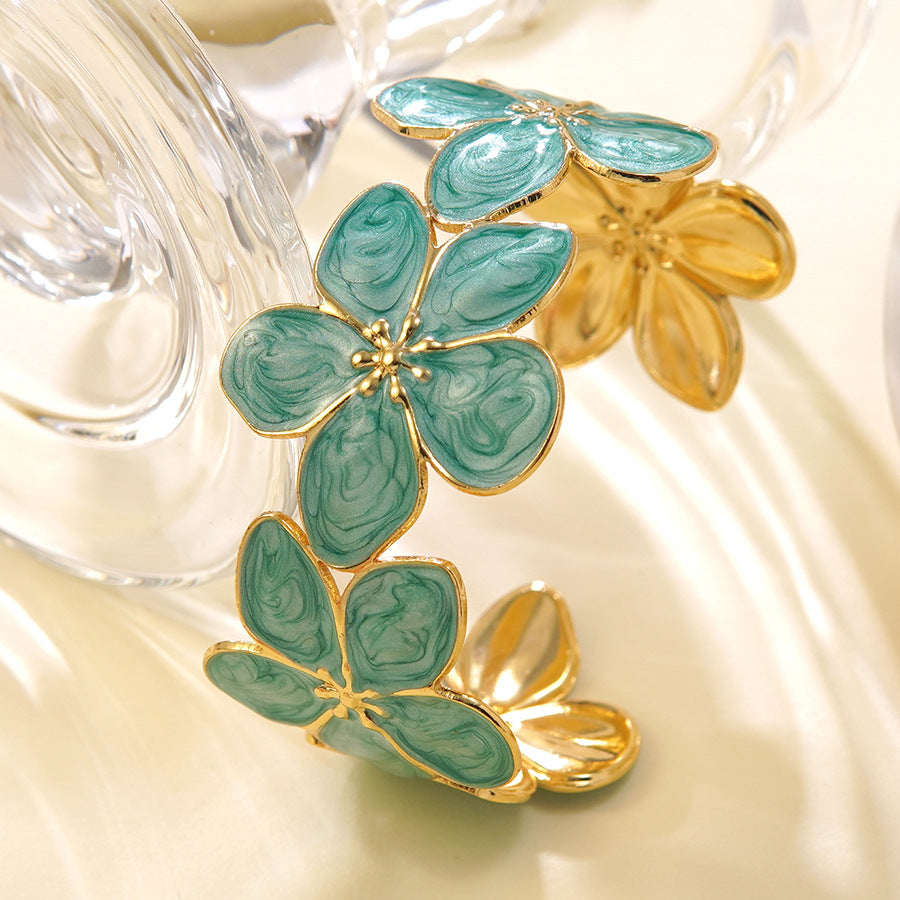 Wholesale Dripping Oil Flower Stainless Steel C-Shape Open Bracelet Fashion Jewelry Accessory