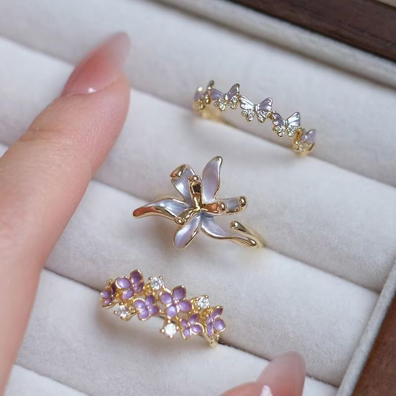 Wholesale Alloy Enamel Open Ring With Purple Iris Flower And Butterfly Women S Fashion Jewelry Accessory