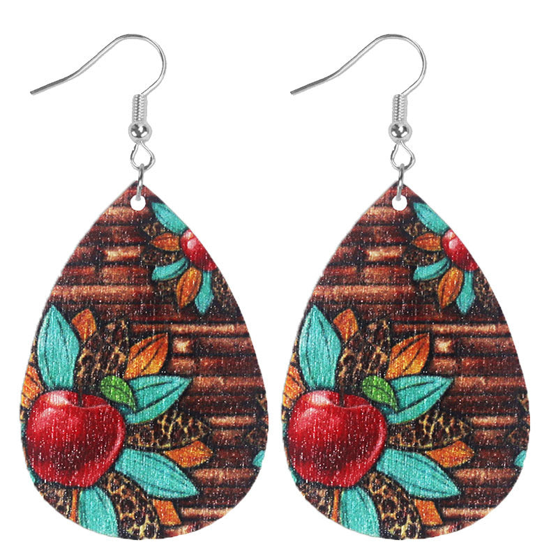 Wholesale Learning Leopard Apple Books Drop-shaped Wooden Earrings