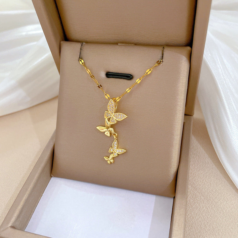 Wholesale Titanium Steel Butterfly Tassel Full Diamond Necklace Clavicle Chain ACC-NE-LiGe020