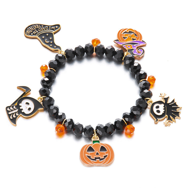 Wholesale  Ghost Pumpkin Lantern Bracelet Cartoon Bat Alloy Pendant Crystal Beaded Women' s Fashion Accessory