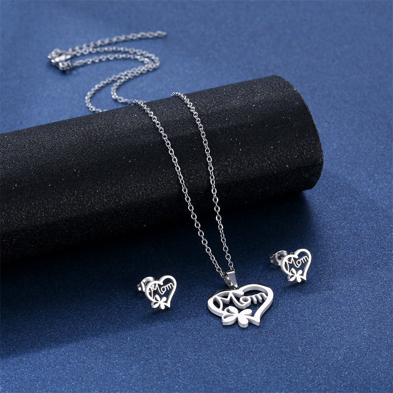 Wholesale Heart Shaped MOM Stainless Steel Earrings Necklace Set Mother's Day ACC-ES-MinM025