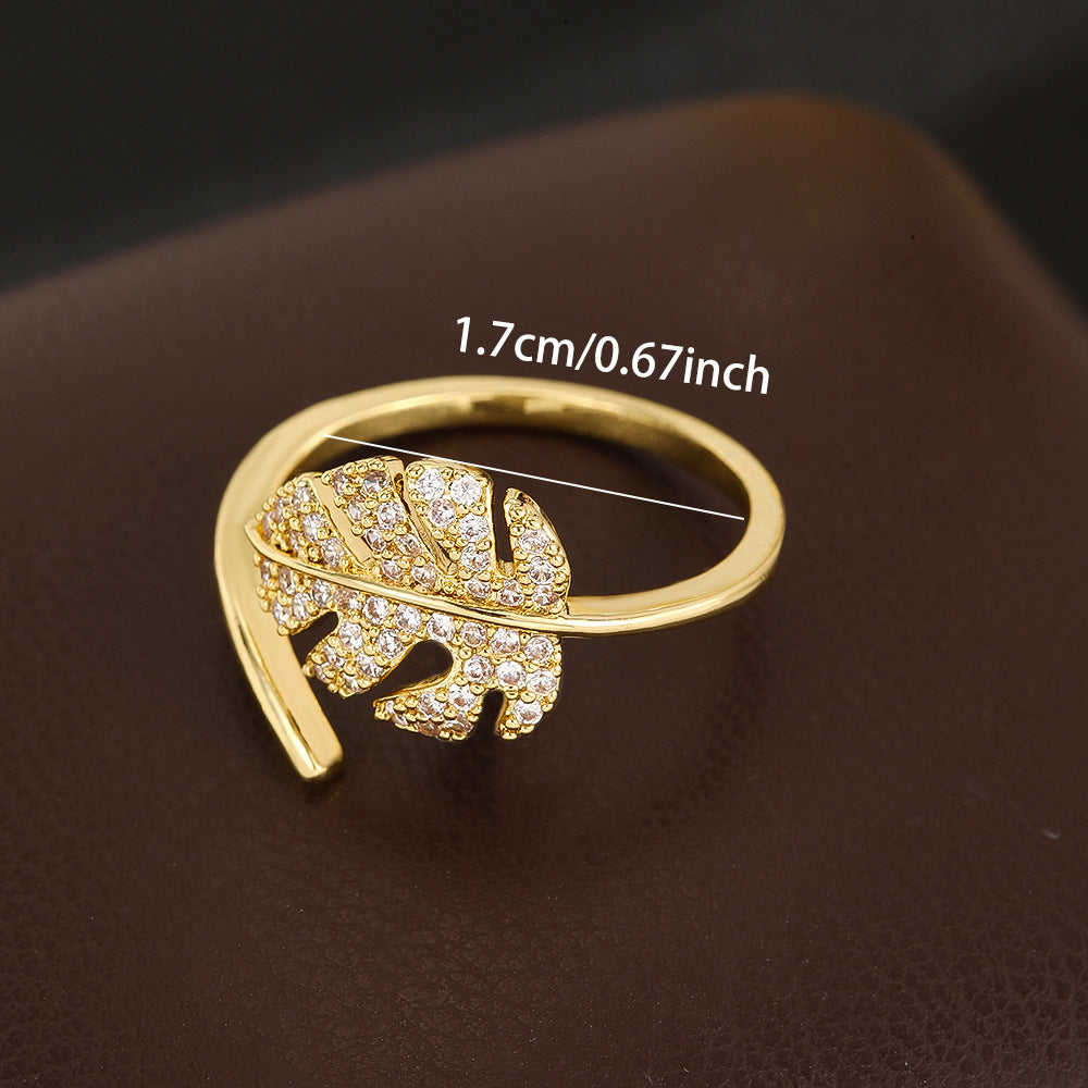 Wholesale Gold Plated Copper Open Ring With Zircon Leaf Design Trendy Women S Jewelry Accessory