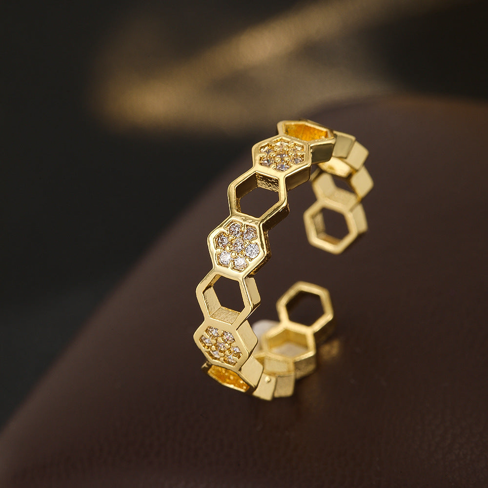 Wholesale Gold Tone Copper Zircon Honeycomb Open Adjustable Ring Chic Everyday Wear Jewelry Accessory