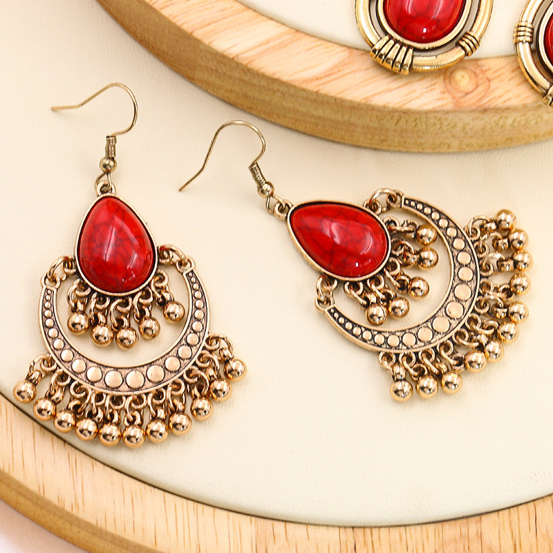 Wholesale French Retro Ethnic Style Red Rice Bead Round Earrings Alloy Dripping Oil Finish Everyday Wear Gift
