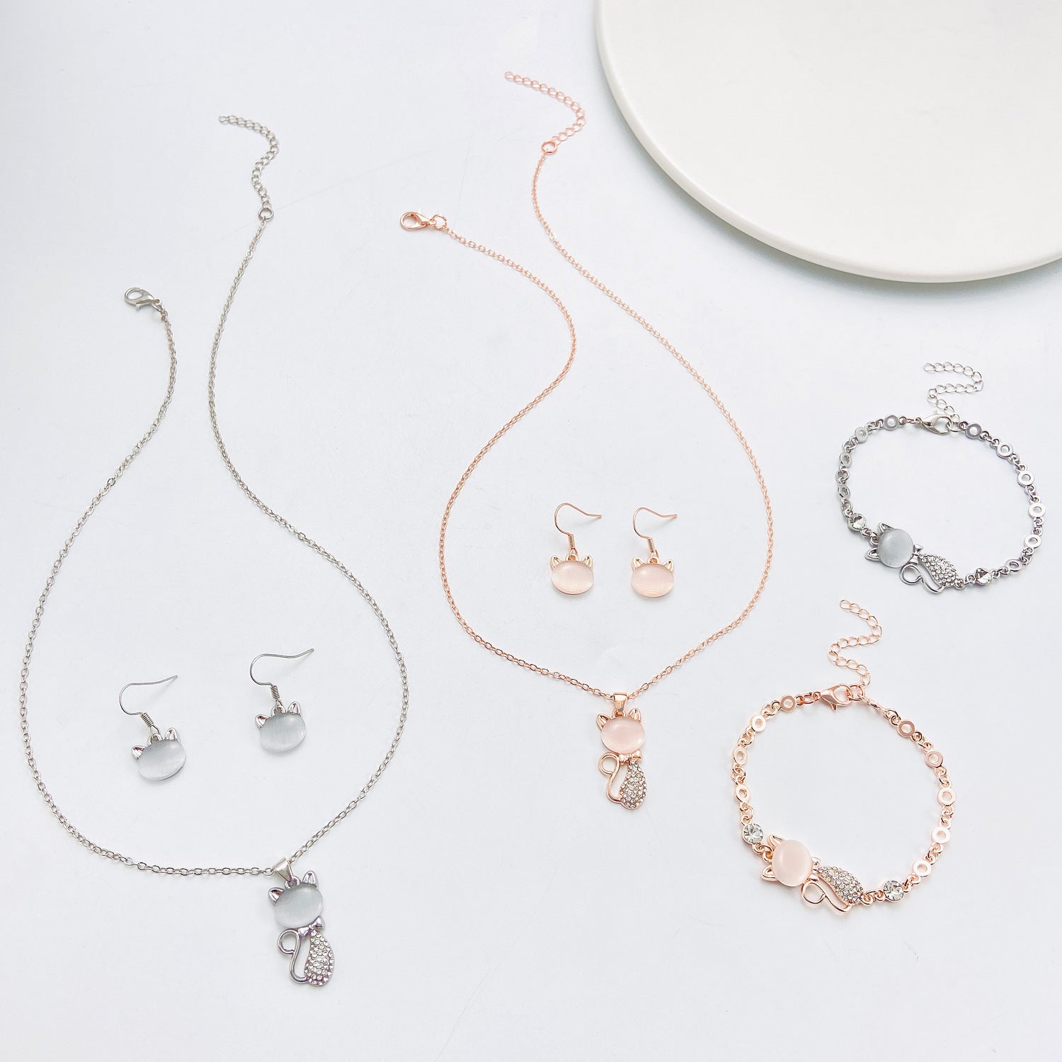 Wholesale  Cat's Eye Stone Cat Earrings Necklace Bracelet suit