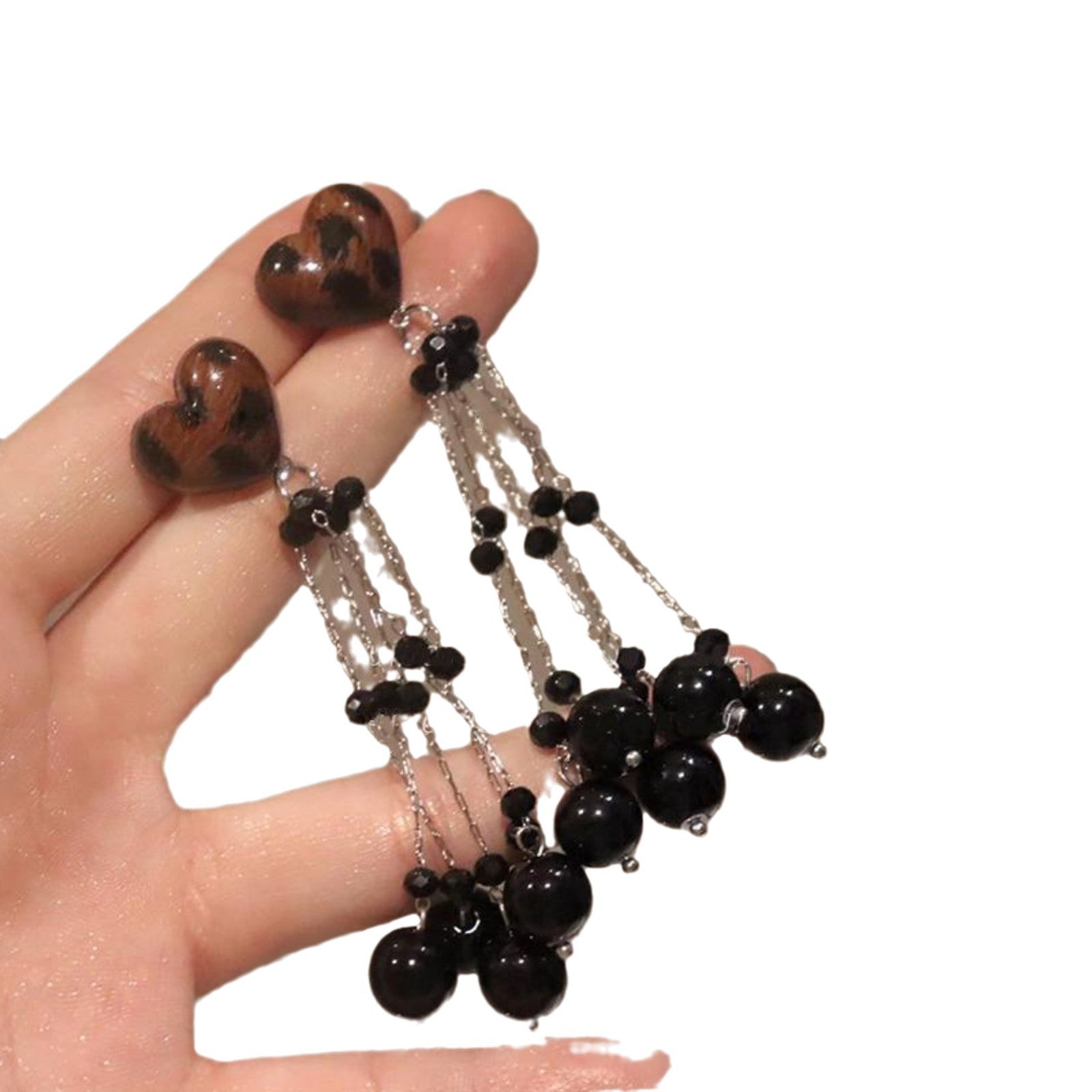 Wholesale black tassel long leopard print heart earrings
