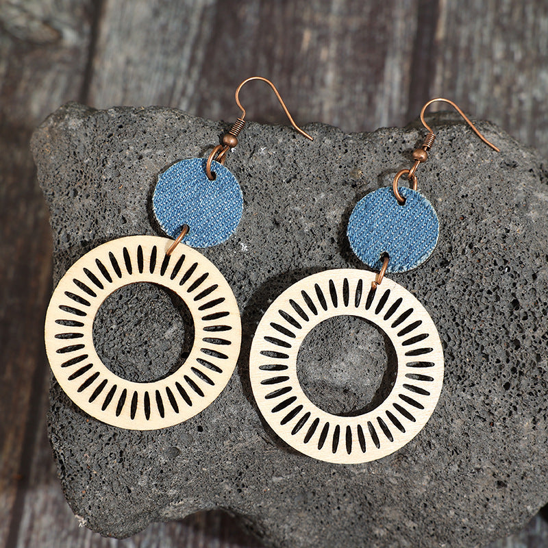 Wholesale Wooden Vintage Bohemian Double-Layer Hollow Circle Earrings Jewelry Accessory