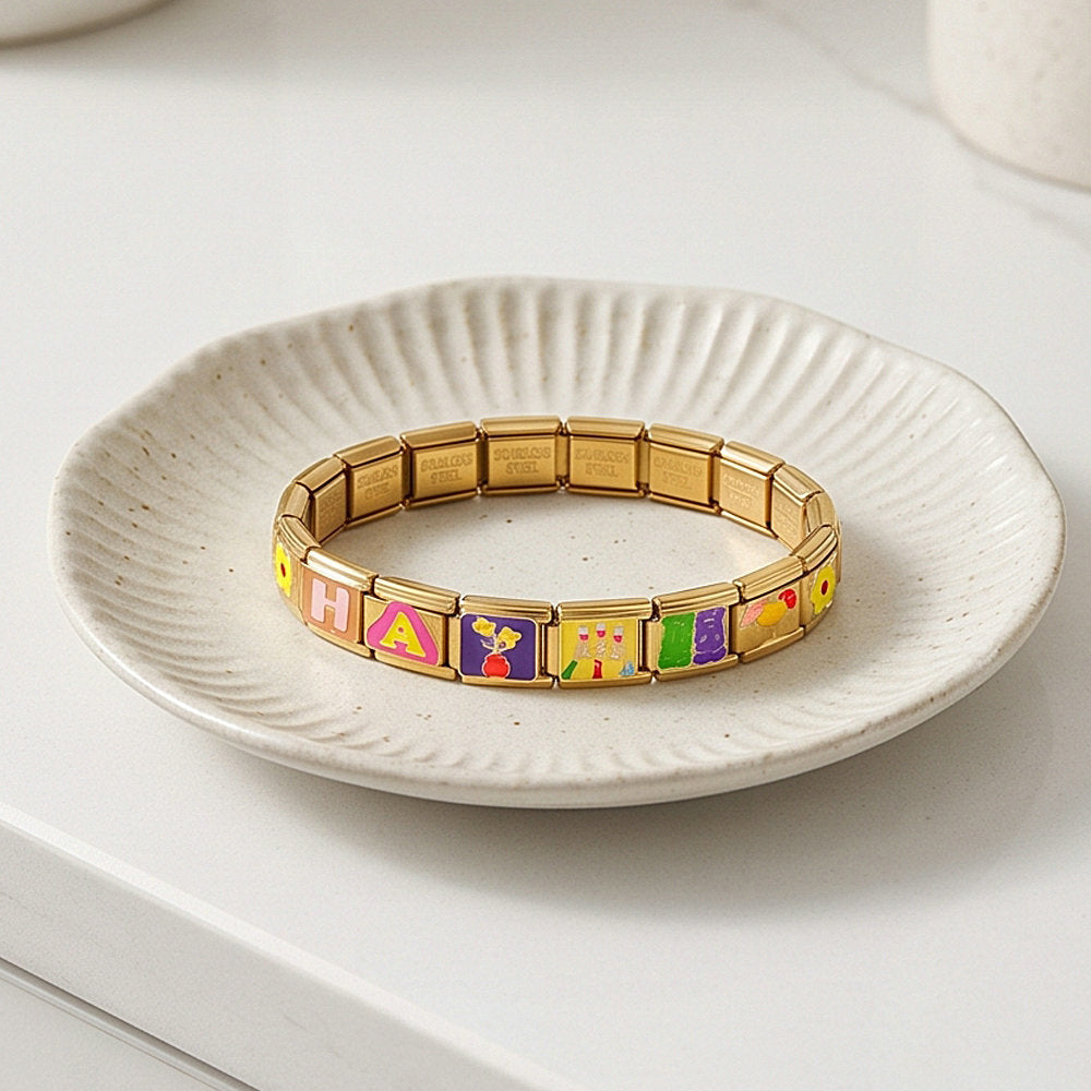 Wholesale Stainless Steel Gold Tone Colorful Enamel Flower Modular Bracelet DIY Detachable Elastic Jewelry Accessory Gift