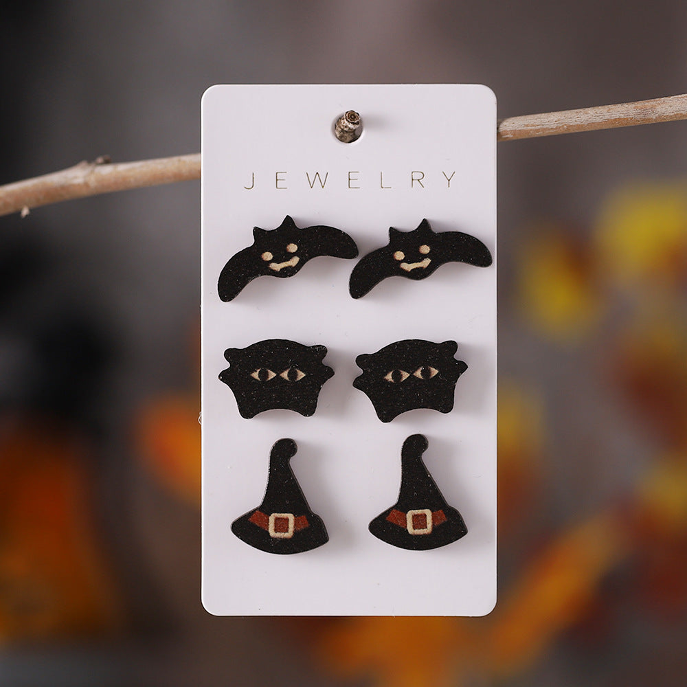 Wholesale Halloween Bat Black Cat Witch Hat Earrings Set