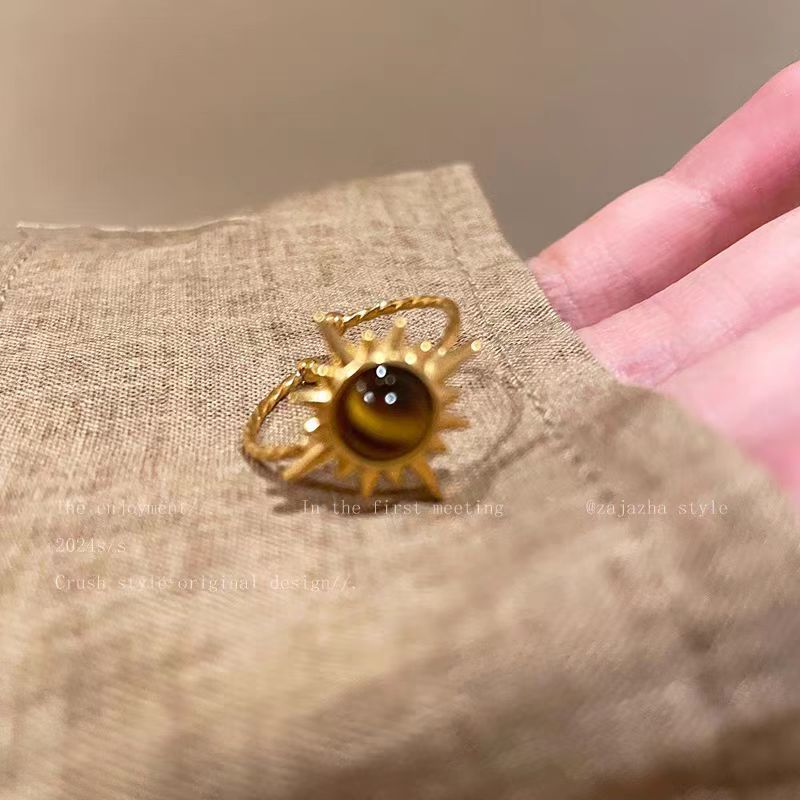 Wholesale Golden Sunflower Tiger Eye Stone Alloy Ring