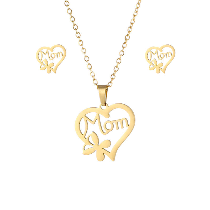 Wholesale Titanium Steel MOM Love Pendant Stainless Steel Earrings Necklace Set Mother's Day ACC-ES-MinM015