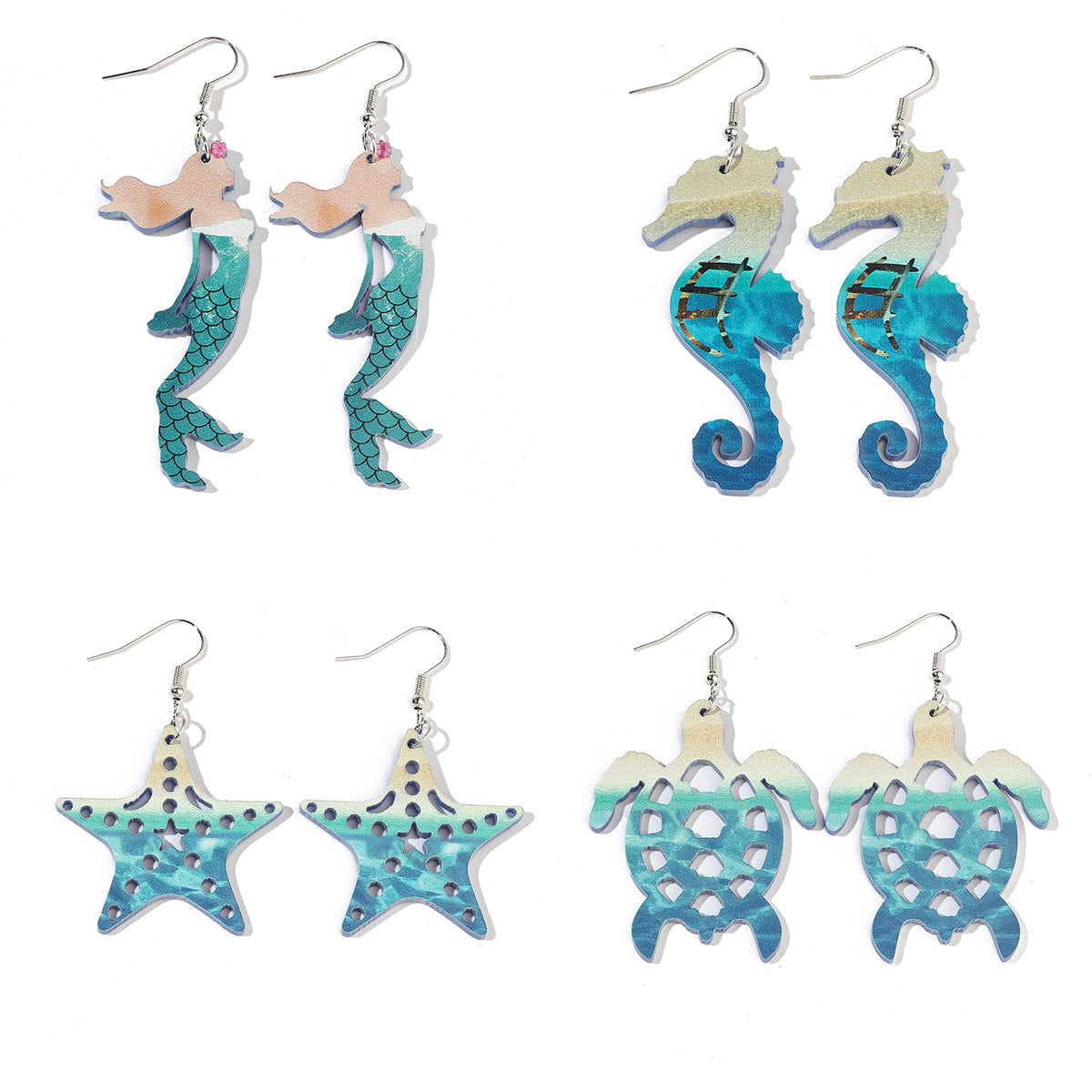 Wholesale Acrylic ocean-themed earrings featuring mermaids seahorses starfish and turtles
