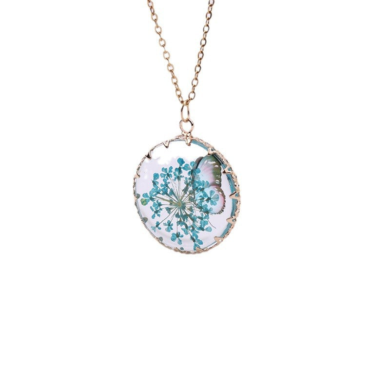 Wholesale Butterfly  Gold and Silver Dried Flower Glass Pendant Necklaces