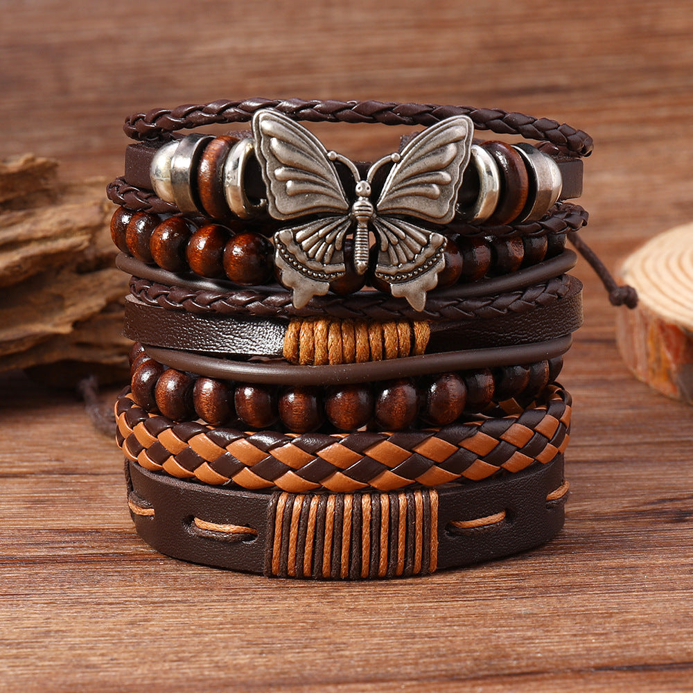 Wholesale Stylish Retro Butterfly Handmade Leather Bracelet Set 6 Piece Unisex Jewelry Accessory For Gift And Boutique Resale