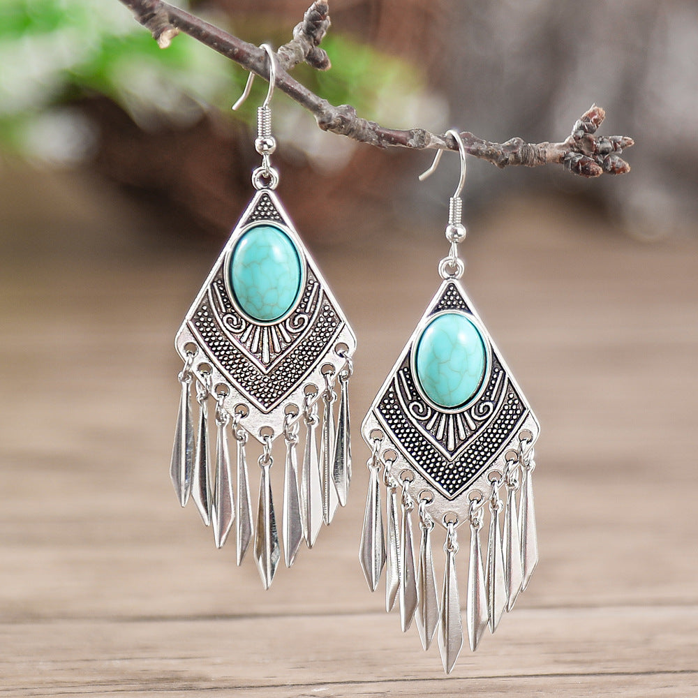 Wholesale Retro Turquoise Tassel Earrings European Style Jewelry Accessory Gift