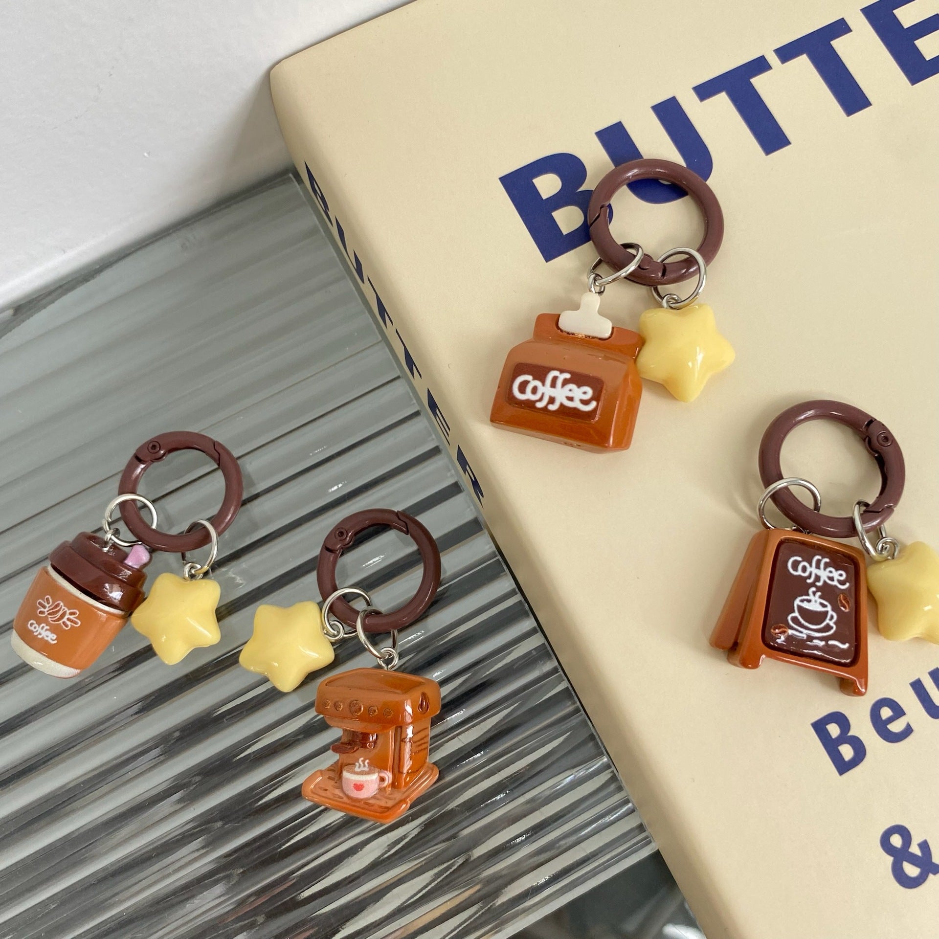 Wholesale Lovely Coffee Shop Star Keychain Resin Pendant Cute Bag Charm Boutique Accessory for Girls