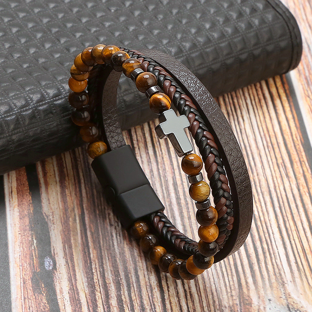 Wholesale natural stone bracelet tiger eye stone cross bracelet ACC-BT-Hongx005