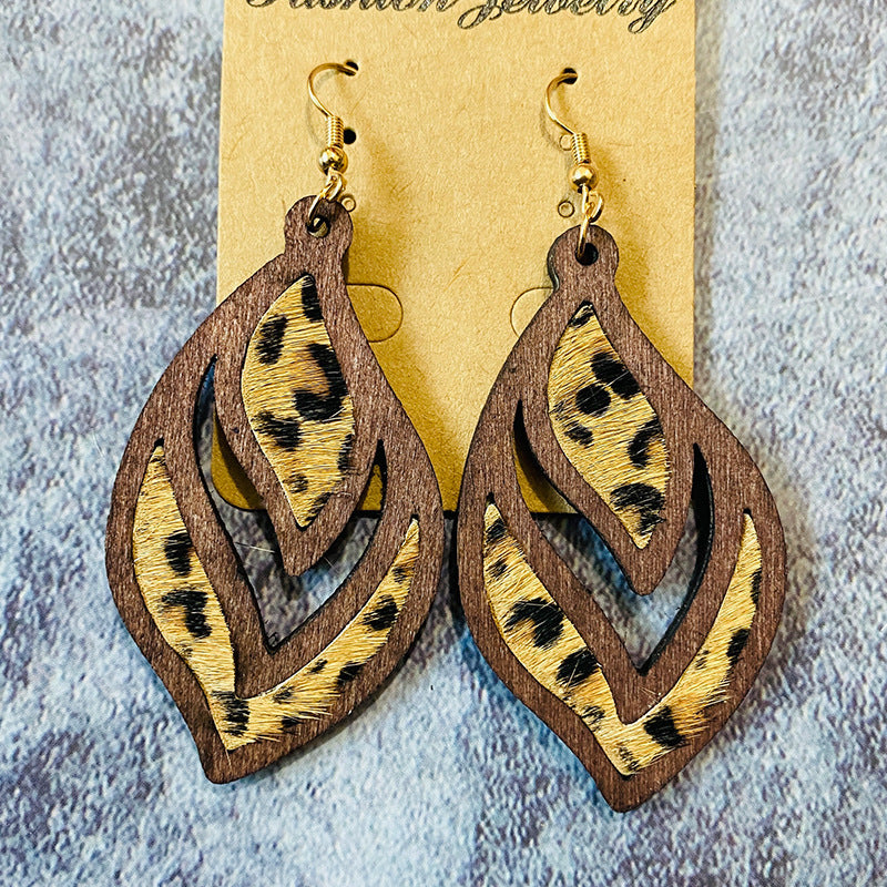 Wholesale  Western retro wooden earrings leopard print milk pattern inlaid earrings