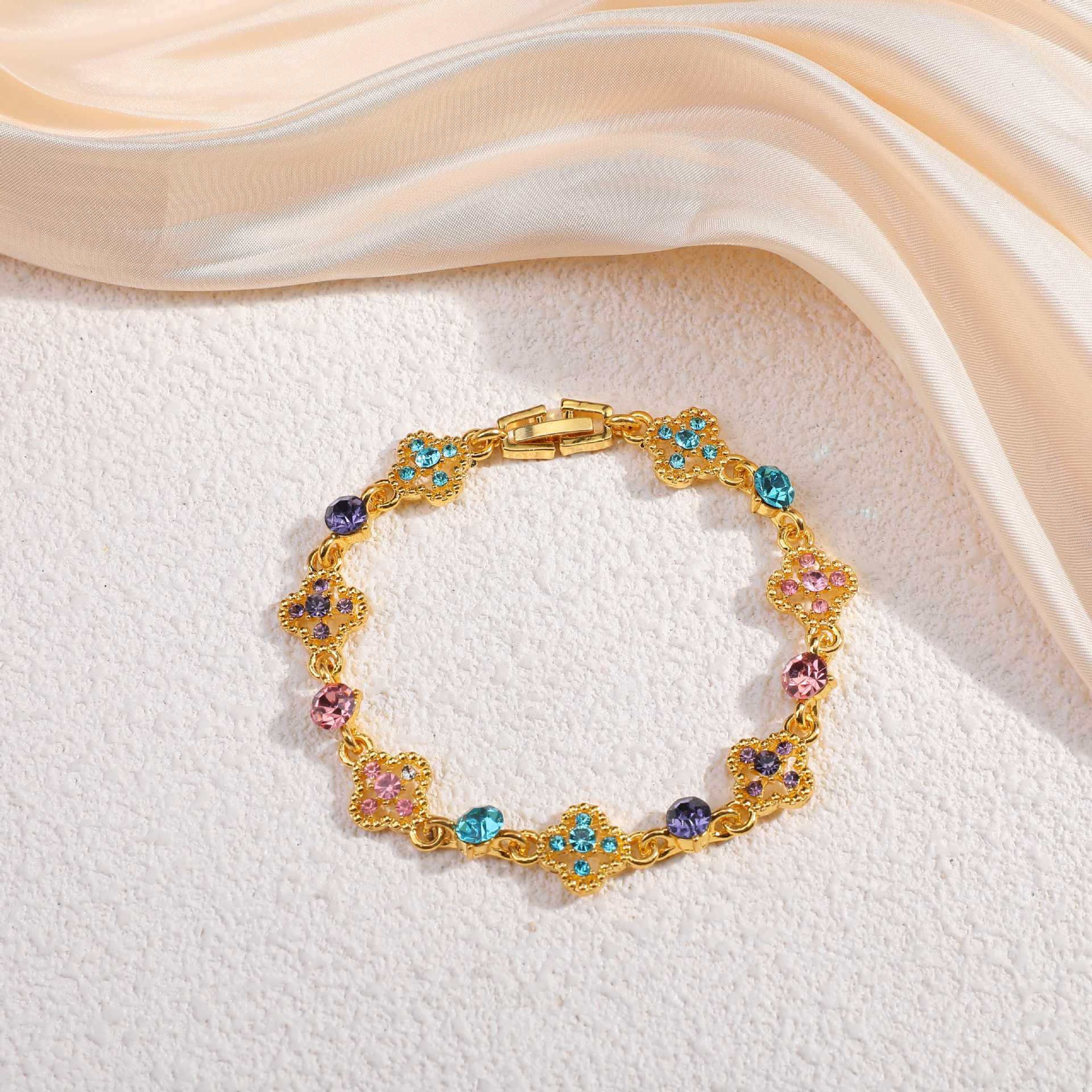 Wholesale Cross-Border New Style Light Luxury High-End Design Copper Bracelet with Diamonds and Colorful Four-Leaf Clover,  European and American Fashion Versatile Bracelet