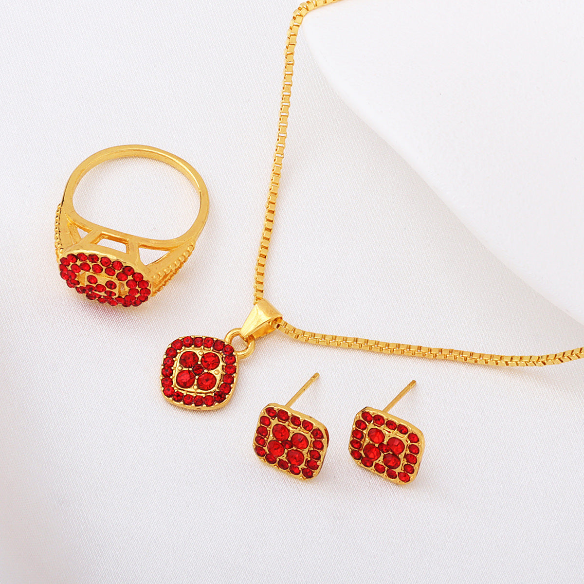 Wholesale diamond-studded geometric square necklace, ring, and earrings 3-piece set