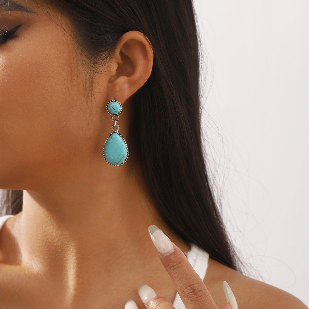 Wholesale  New Creative Ethnic Geometric Earrings Retro Artistic Lace Five-pointed Star Turquoise Earrings