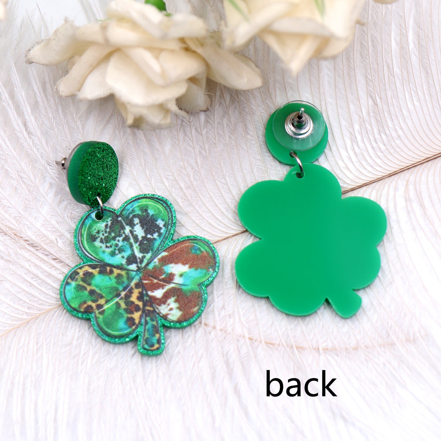 Wholesale St. Patrick's Day Four Leaf Clover Milk Leopard Earrings