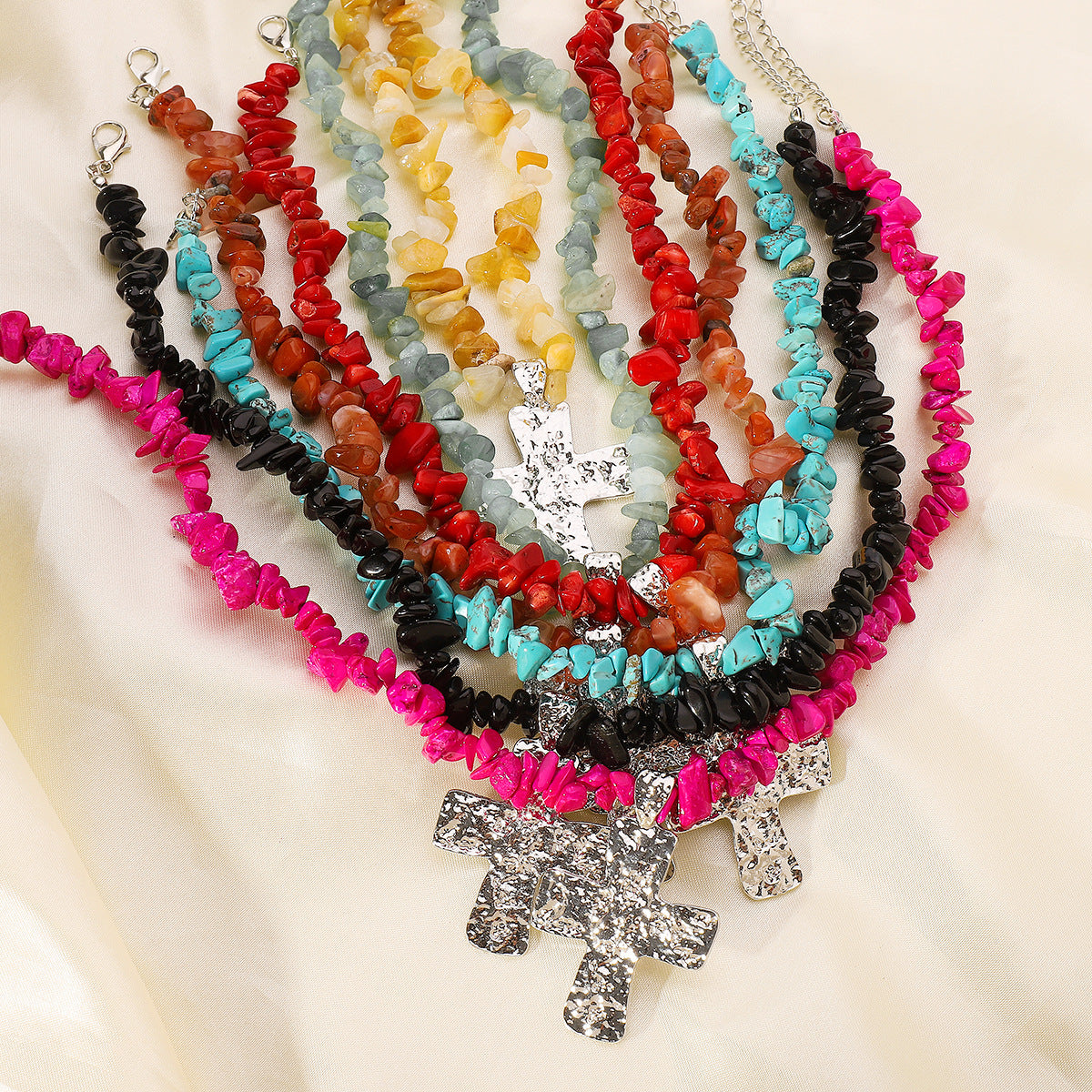 Wholesale retro irregular gravel necklace stacked cross pendant necklace