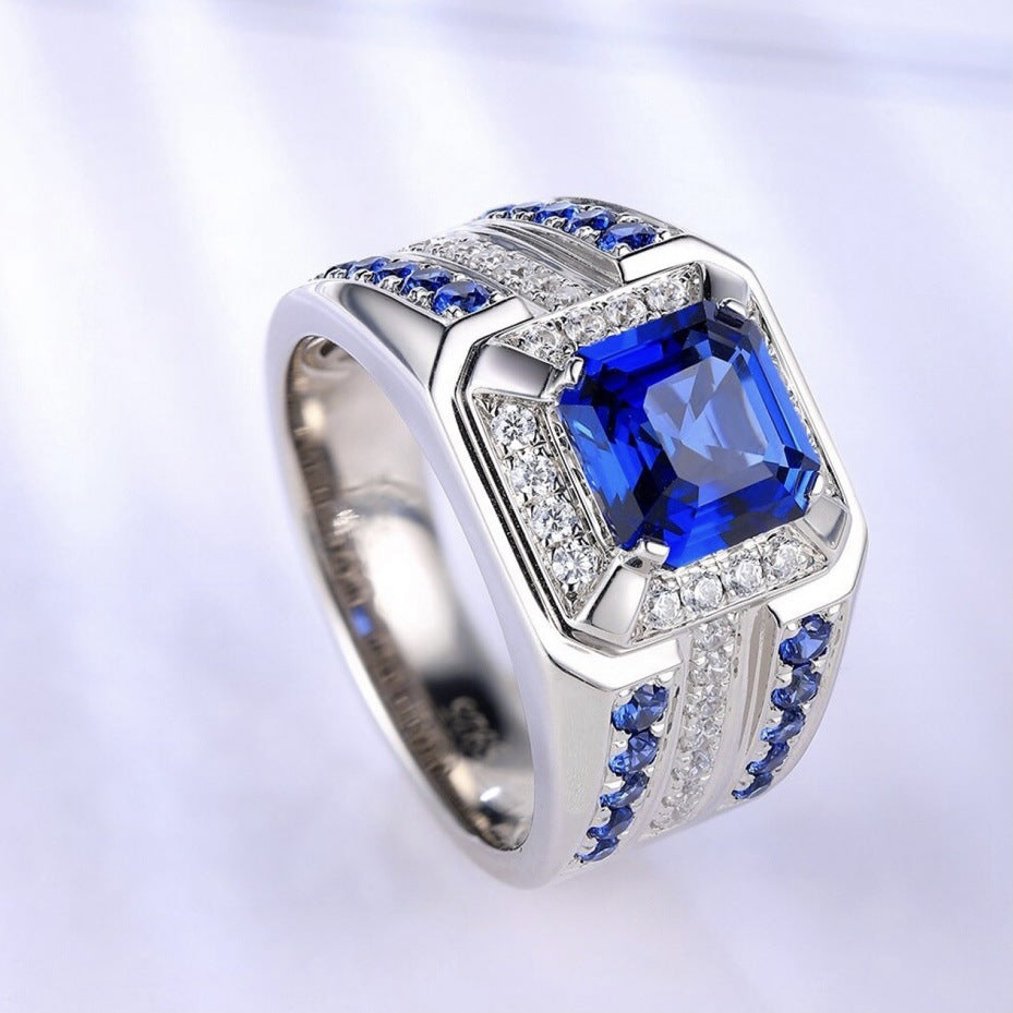 Wholesale Stylish Men' s Silver Tone Alloy Ring with Blue Square Zircon Pave,  Fashion Jewelry Accessory