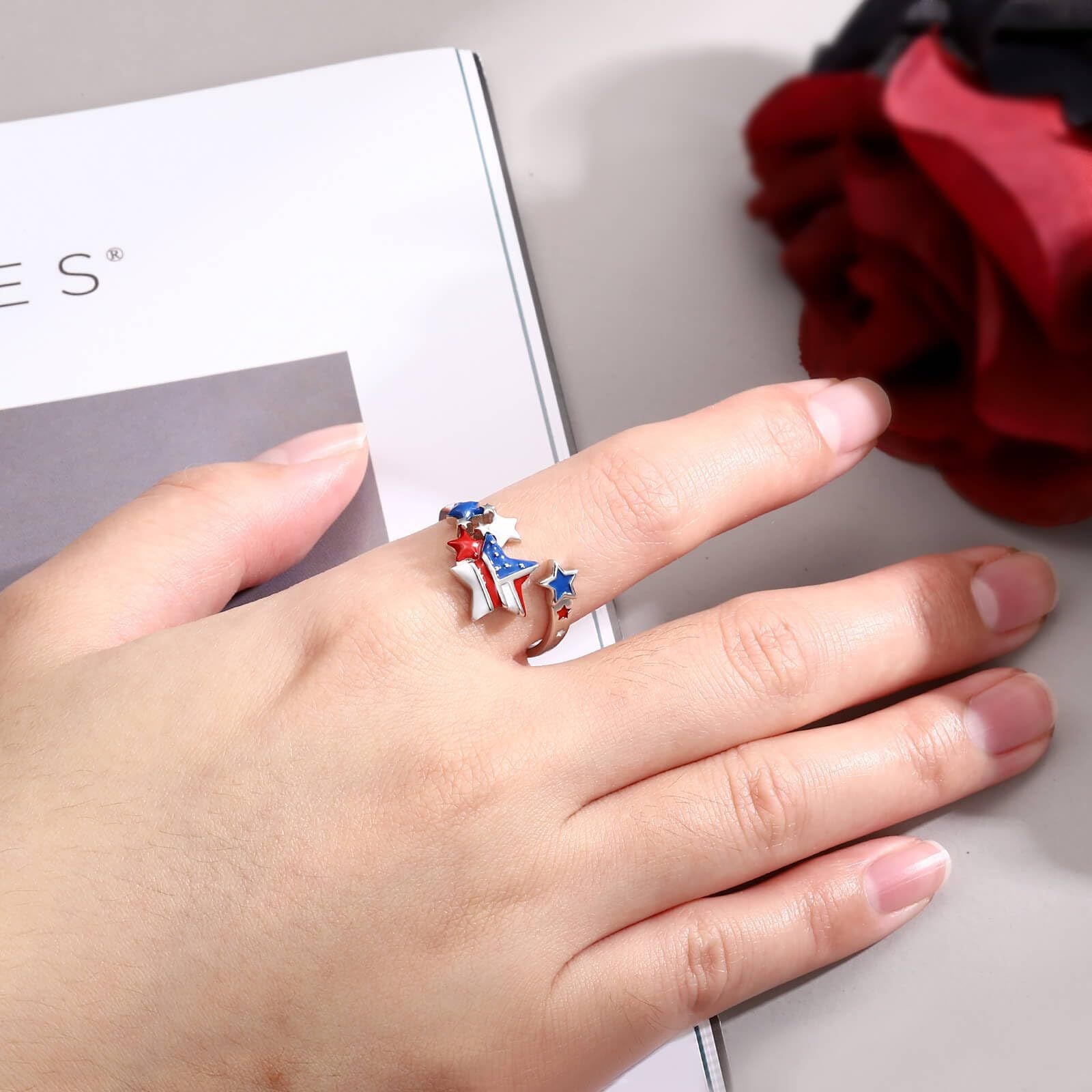 Wholesale American Independence Day Red White Blue Star Ring Oil Dropping Diamond Five-pointed Star Ring