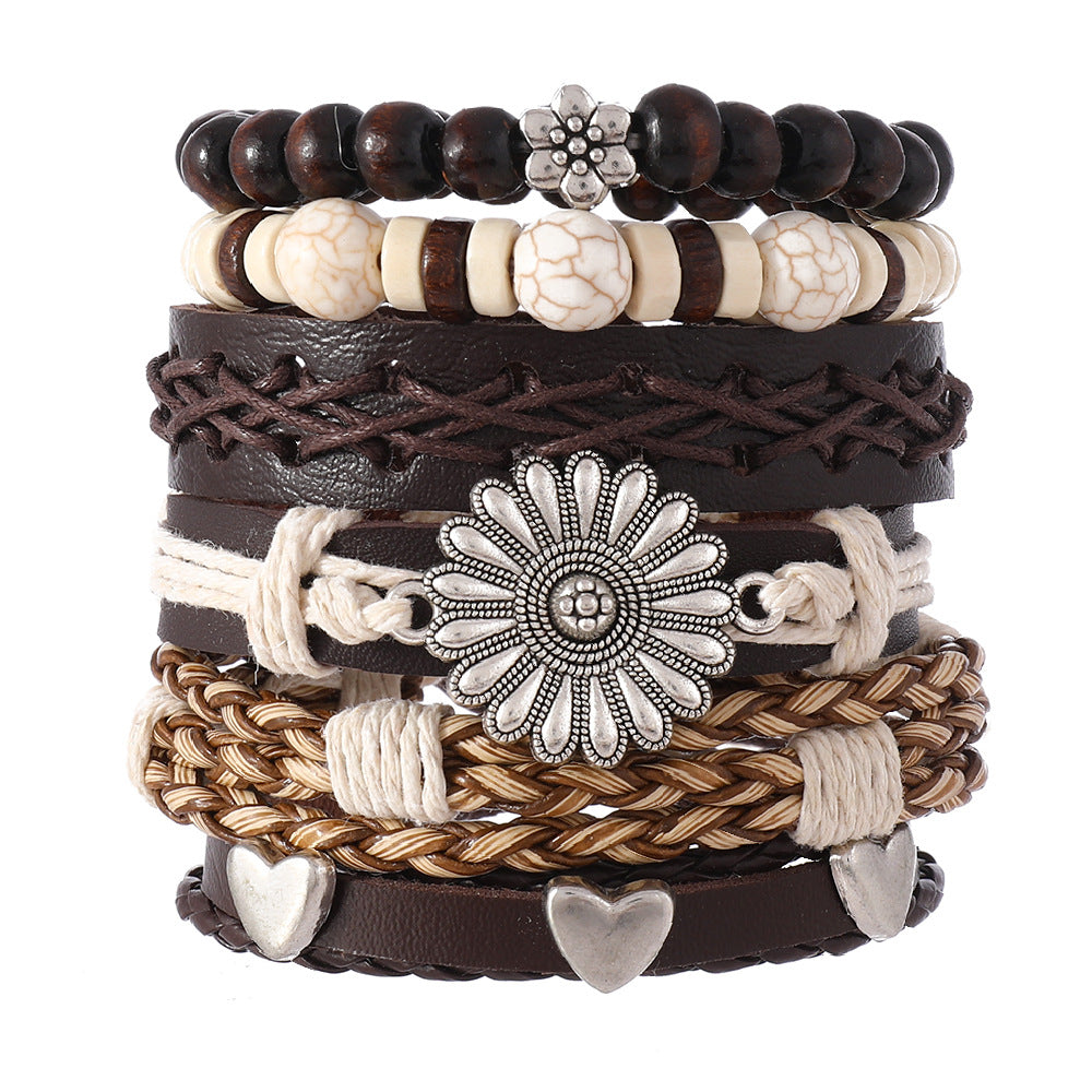 Wholesale Retro Sunflower Handwoven Beaded Bracelet Set 6 Pieces Multi Layer Elastic Leather Fashion Accessory For Party Resale