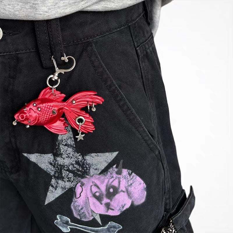 Wholesale 3D Punk Goldfish Keychain Black Resin Bag Charm Fashion Accessory Gift For Everyday Use