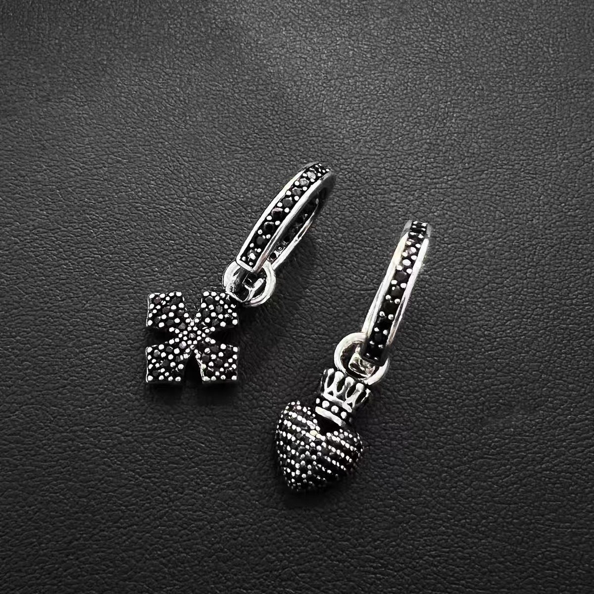 Wholesale Vintage Black Zircon Cross Crown Love Asymmetrical Earrings