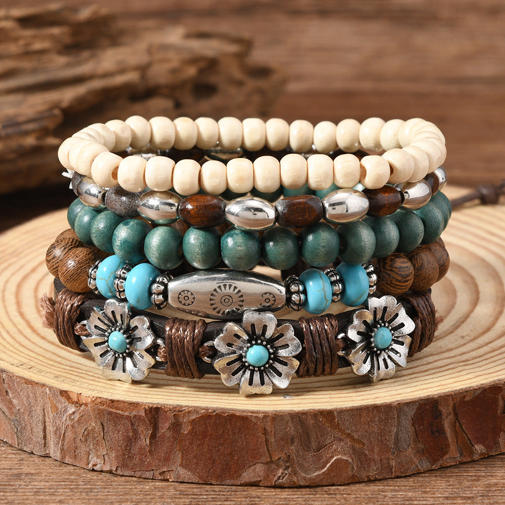 Wholesale Bohemian Wood Bead Bracelet Set Of 5 Multilayer Flower Turquoise Fashion Accessory Gift