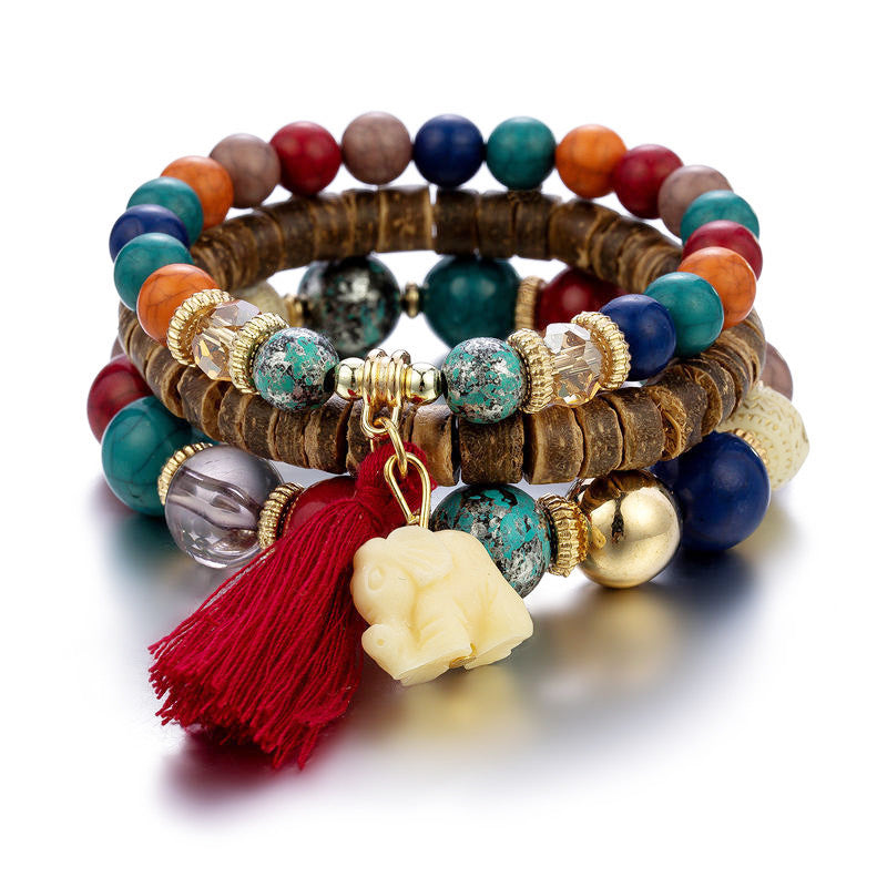 Wholesale Bohemian Small Elephant Tassel Wooden Bead Multi-layer  Bracelet