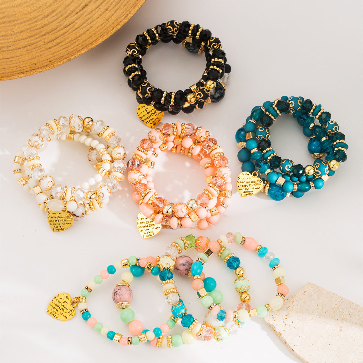 Wholesale Color Bohemian Ethnic Peach Heart Pendant Multi-layer Elastic Rice Beads Bracelet