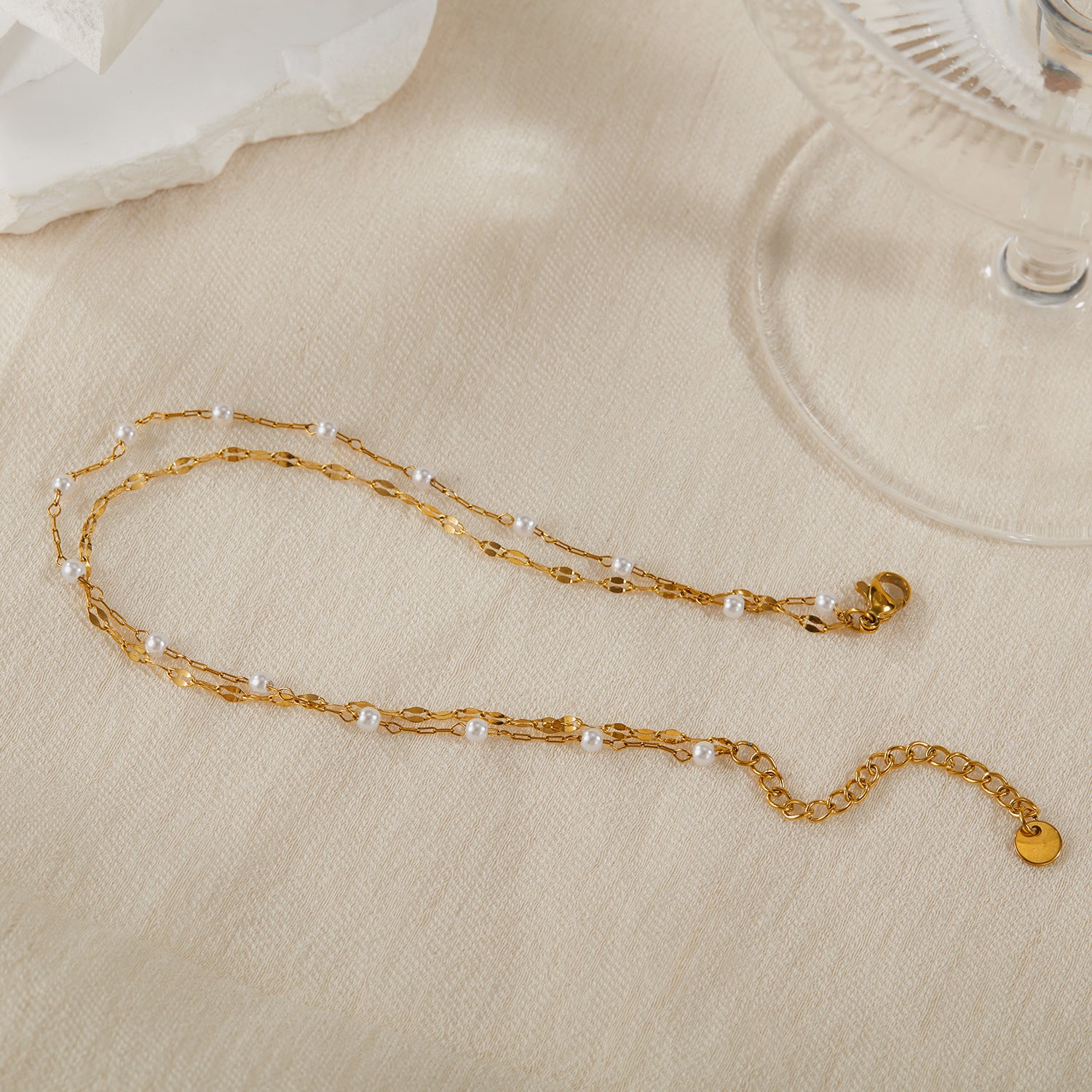 Wholesale  Stainless Steel Double Layer Stacked Pearl Anklet