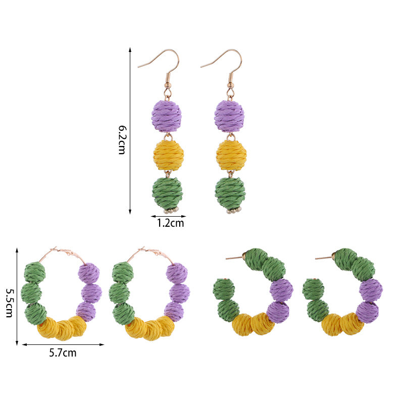 Wholesale carnival handmade braided earrings purple yellow green tricolor beaded long earrings