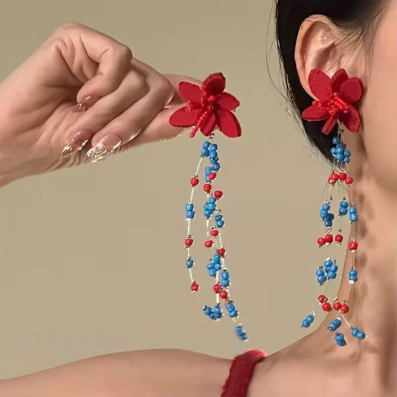 Wholesale Retro contrast color flower beaded long tassel earrings