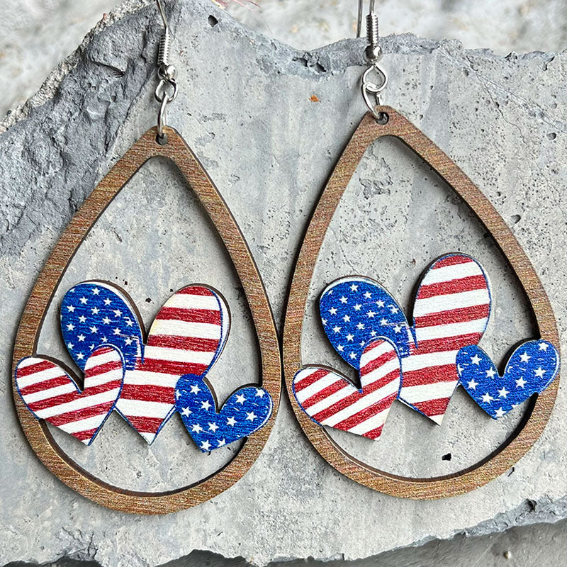 Wholesale wooden hollow water droplets US Independence Day earrings
